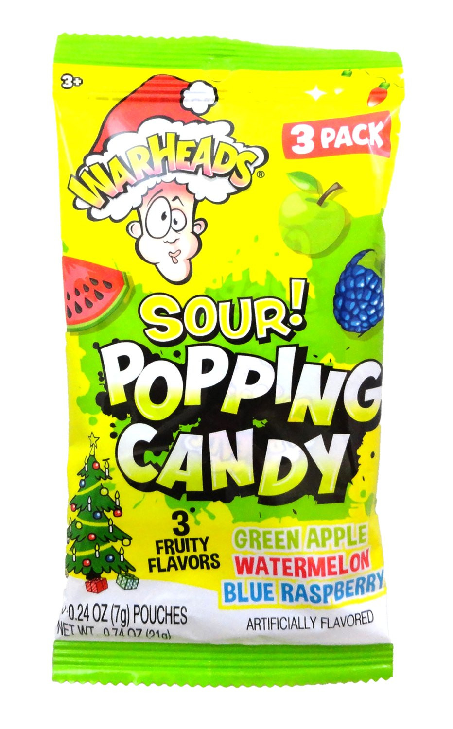 Waheads Warheads Christmas SOUR 3PK. Popping Candy Peg Bag .74oz.